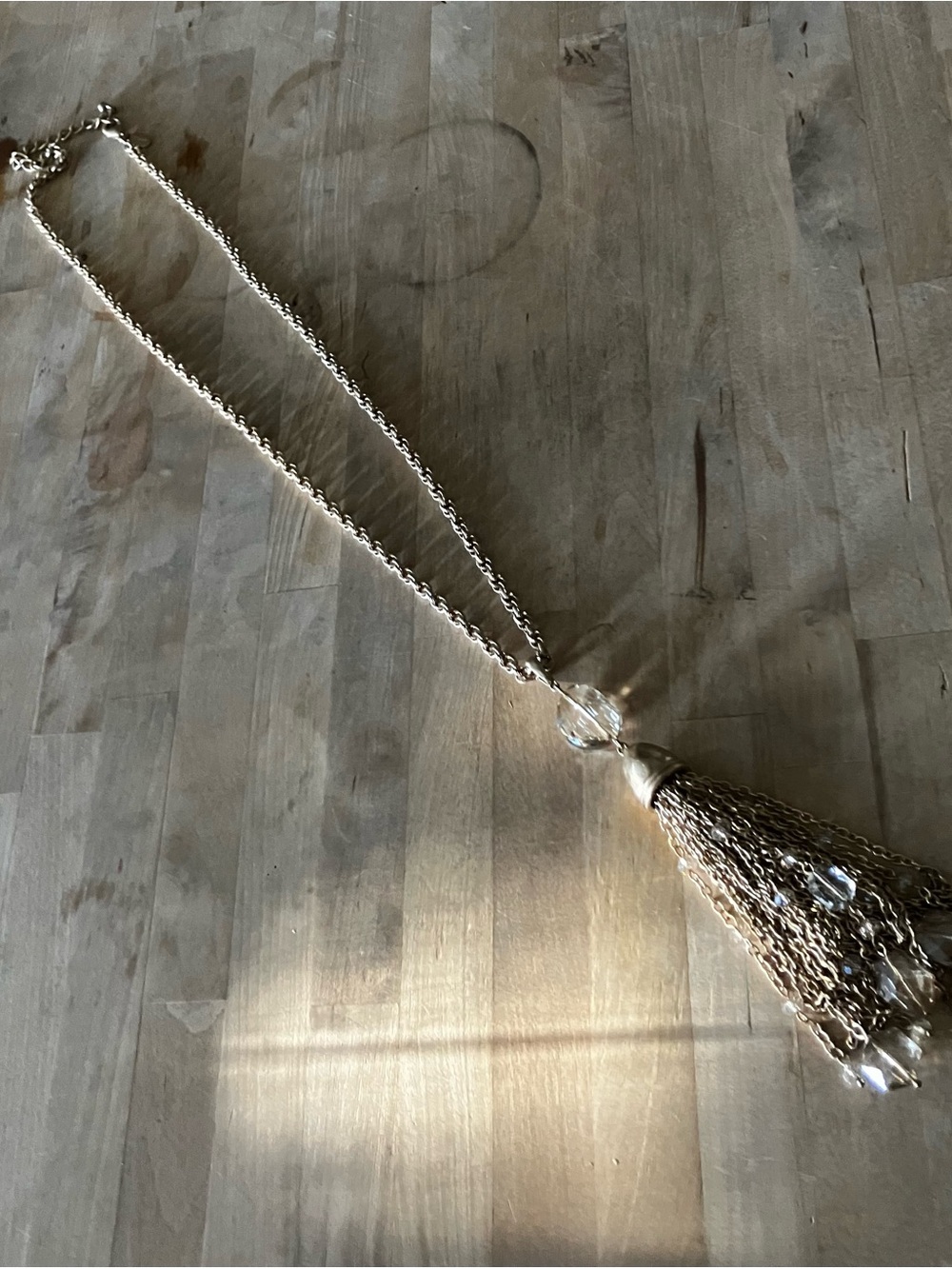 Chico's Gold-Tone Chain Tassel Necklace with Crystal Accents